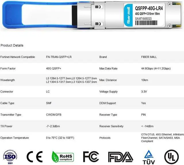 Alt view image 2 of 5 - Fiber Mall 40G QSFP+ LR4 for Fortine FN-TRAN-QSFP+LR 40GBASE-LR4 QSFP+ 1310nm CWDM4 10km LC DOM Optical Transceiver Module