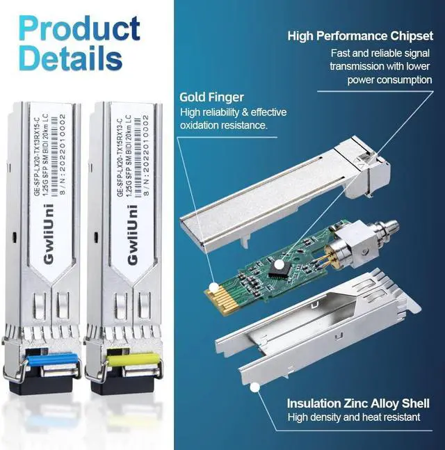 Alt view image 3 of 5 - 5 Pairs 1.25G BIDI SFP Single Mode Fiber Module Network Transceiver, LX SM 1310nm 1550nm 20km, Simplex LC Interface for Switch, Router, Firewall, Network Card, Media Converter etc