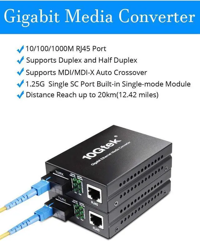 Alt view image 2 of 5 - BiDi Gigabit Single Mode SC Media Converter, 10/100/1000M Fiber to Ethernet Converter, 1000Base-FX Single SC to 10/100/1000Base-T/TX RJ45, Built-in Fiber Module, SMF, 1310/1550nm, 20km, 1 Pair