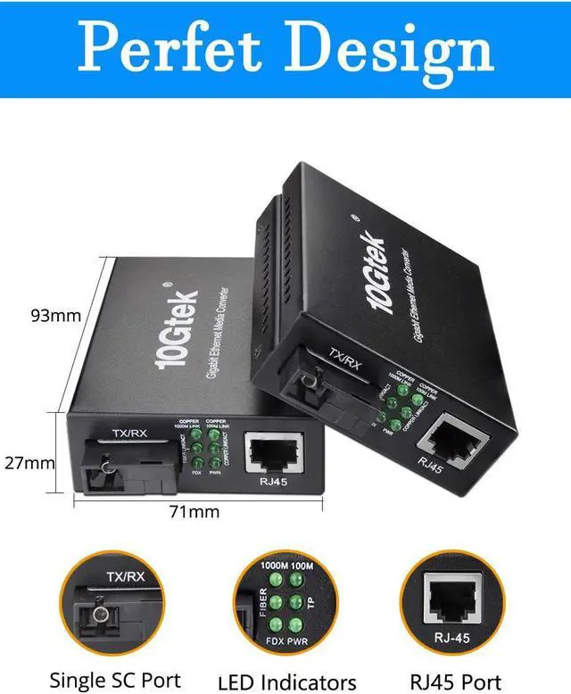 Alt view image 4 of 5 - BiDi Gigabit Single Mode SC Media Converter, 10/100/1000M Fiber to Ethernet Converter, 1000Base-FX Single SC to 10/100/1000Base-T/TX RJ45, Built-in Fiber Module, SMF, 1310/1550nm, 20km, 1 Pair