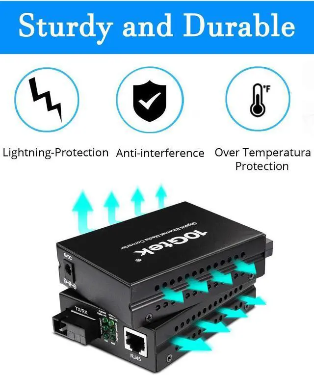 Alt view image 5 of 5 - BiDi Gigabit Single Mode SC Media Converter, 10/100/1000M Fiber to Ethernet Converter, 1000Base-FX Single SC to 10/100/1000Base-T/TX RJ45, Built-in Fiber Module, SMF, 1310/1550nm, 20km, 1 Pair