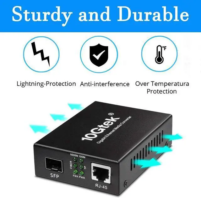 Alt view image 5 of 5 - A Pair of Gigabit Multi-Mode LC Fiber Media Converter, with 2 Pcs SFP SX Modules, Fiber to Ethernet Converter, 1000Base-SX to 10/100/1000M RJ45, MMF, 850nm, up to 550m