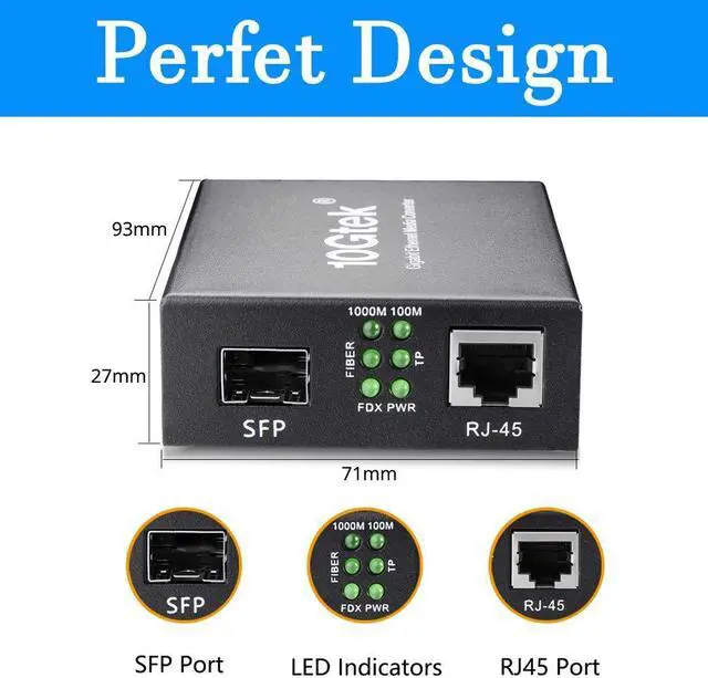 Alt view image 4 of 5 - A Pair of Gigabit Multi-Mode LC Fiber Media Converter, with 2 Pcs SFP SX Modules, Fiber to Ethernet Converter, 1000Base-SX to 10/100/1000M RJ45, MMF, 850nm, up to 550m