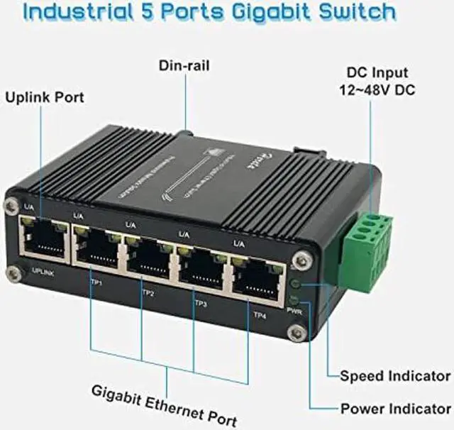 Alt view image 2 of 5 - Hardened Industrial Gigabit Ethernet Switch 5-Port Mini Industrial Switch 10/100Mbps Half/Full Duplex and 1000Mbps Full Duplex