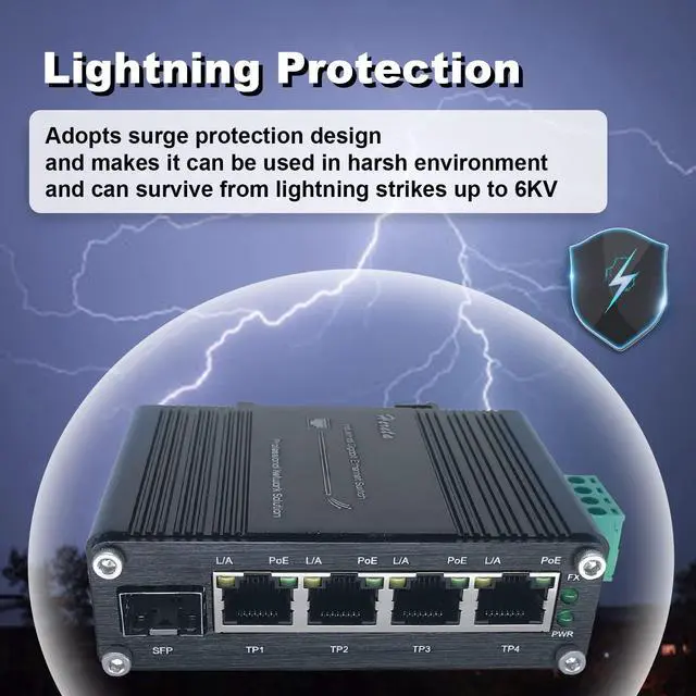 Alt view image 3 of 5 - Industrial 5-Port Switch Gigabit PoE+ Ethernet Switch 4 Ports 120W PoE+ Injector 10/100/1000Base-T & 1 Port 100/1000Base-X Dual Rate SFP 12~48VDC Wide Range Power Input