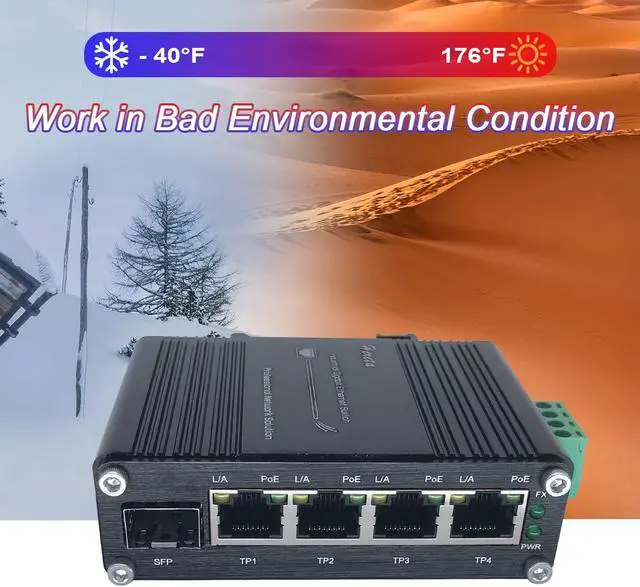 Alt view image 4 of 5 - Industrial 5-Port Switch Gigabit PoE+ Ethernet Switch 4 Ports 120W PoE+ Injector 10/100/1000Base-T & 1 Port 100/1000Base-X Dual Rate SFP 12~48VDC Wide Range Power Input