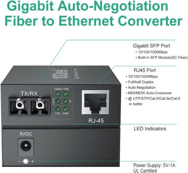 Alt view image 3 of 5 - Gigabit Ethernet Media Converter, Built-in Multi-Mode SC SFP Fiber Module, 1310nm, MMF, Duplex, up to 2-KM, Dual SC Fiber to 10/100/1000Base-TX (UTP/STP/Cat5e/Cat6 RJ45)