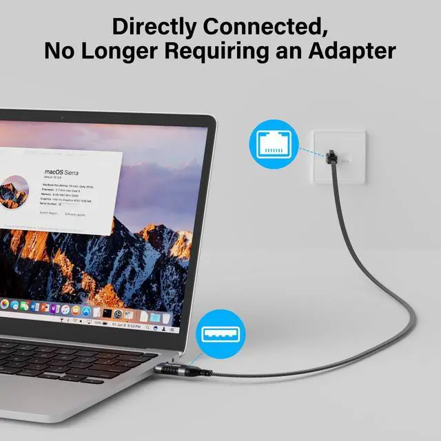 Alt view image 2 of 5 - Flat USB to Ethernet Cable 20 FT, USB 3.0 A to RJ45 Thin Cord, Directly Connected, Aluminum, Braided, OFC, USB to RJ45 Gigabit LAN Network Cable for Laptop, PC, Switch and More, OD: 0.8in x 0.25in