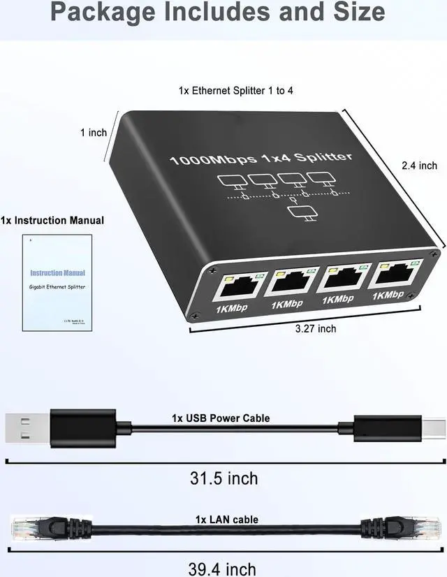 Alt view image 5 of 5 - LIEZHUA Ethernet Splitter 1 to 4, 1000Mbps High Speed Ethernet Cable Splitter with LAN Cable Cat 6 [4 Devices Simultaneous Networking], Gigabit RJ45 LAN Network Extension for Cat8/7/6/5e/5 Cable