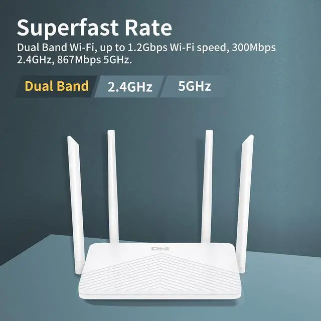 Alt view image 2 of 5 - DBIT AC1200 Dual Band WiFi Router 1200Mbps Wireless Internet Router, 4 x 10/100/1000 Mbps Gigabit Ethernet Ports, Supports EasyMesh, Guest WiFi, Access Point Mode, IPv6 and Parental Controls