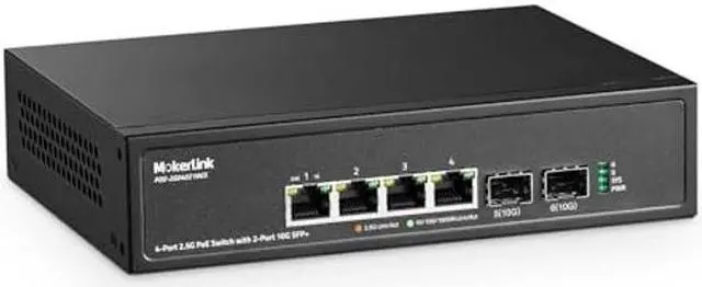 Main image of MokerLink 4 Port 2.5G PoE Switch with 2 Port 10G SFP+ Slot, 4 x 2.5G Base-T Ports Compatible with 10/100/1000Mbps, IEEE8023af/at PoE 78W, Metal Unmanaged Fanless Small Network Switch