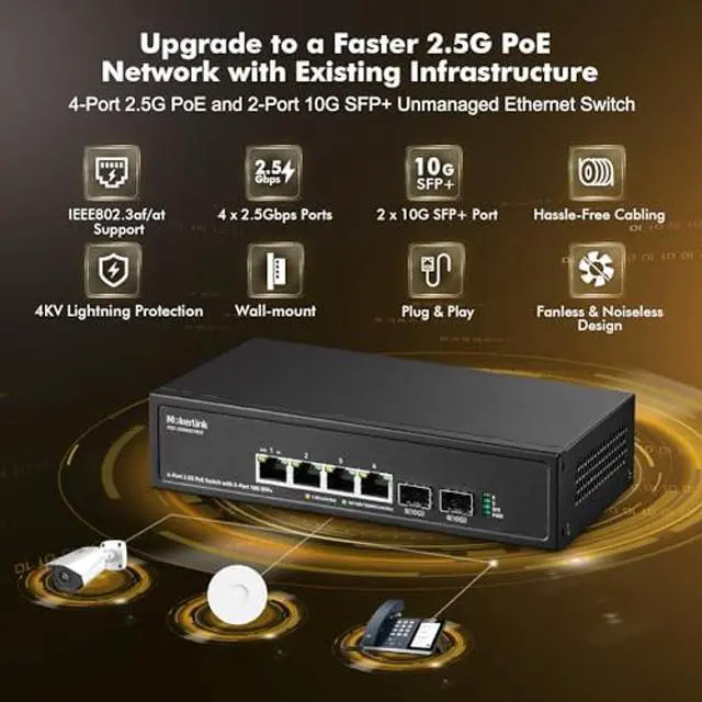 Alt view image 2 of 5 - MokerLink 4 Port 2.5G PoE Switch with 2 Port 10G SFP+ Slot, 4 x 2.5G Base-T Ports Compatible with 10/100/1000Mbps, IEEE8023af/at PoE 78W, Metal Unmanaged Fanless Small Network Switch