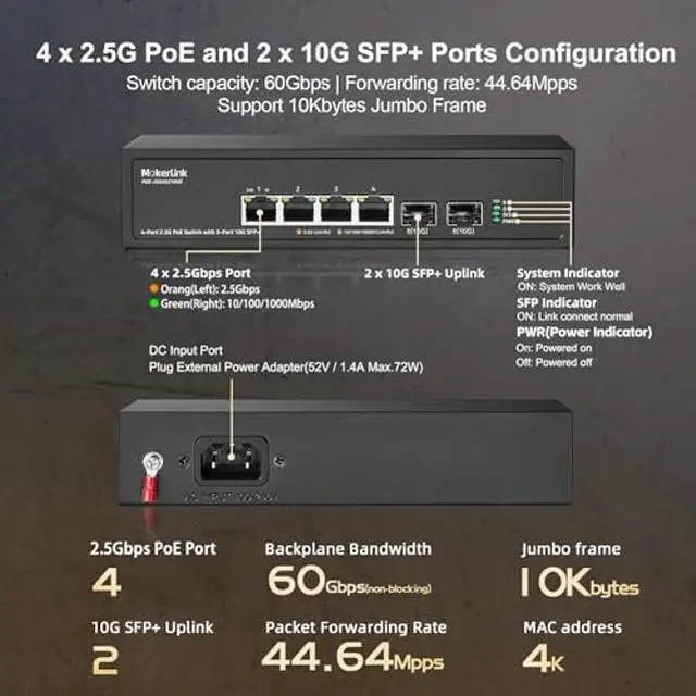 Alt view image 4 of 5 - MokerLink 4 Port 2.5G PoE Switch with 2 Port 10G SFP+ Slot, 4 x 2.5G Base-T Ports Compatible with 10/100/1000Mbps, IEEE8023af/at PoE 78W, Metal Unmanaged Fanless Small Network Switch