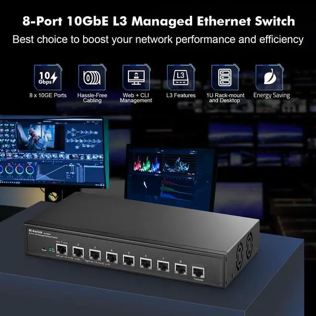 Alt view image 2 of 5 - MokerLink 8 Port 10G Managed Ethernet Switch, 10G/5G/2.5G/1G Auto-Adaptive, L3 Web/CLI Managed, Metal Desktop|Rackmount Network Switch