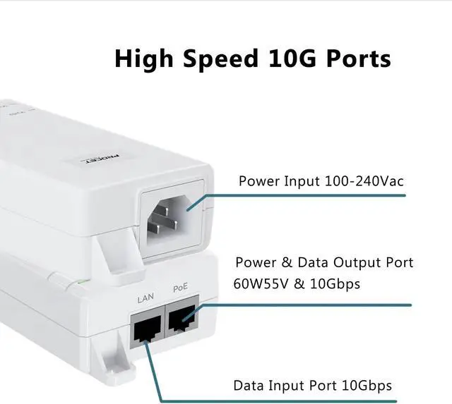 Alt view image 2 of 5 - 10Gbps PoE++ Injector 60W IEEE802.3bt/at/af Compliant, Supplies PoE(15.4W) or PoE+(30W) or PoE++(60W) Power Over Ethernet Distances Up To 328ft, PoE Injector Adapter for Camera/Access Point, EN60GB-10