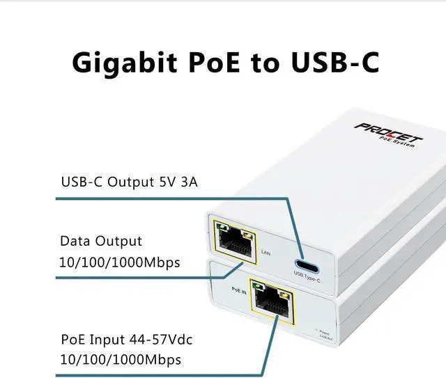 Alt view image 2 of 5 - Gigabit PoE Splitter USB C 5V 3A, PoE to USB-C Adapter, IEEE 802.3at Compliant 10/100/1000Mbps for Raspberry Pi 4, Security IP Cameras and More, PT-ATC-5V