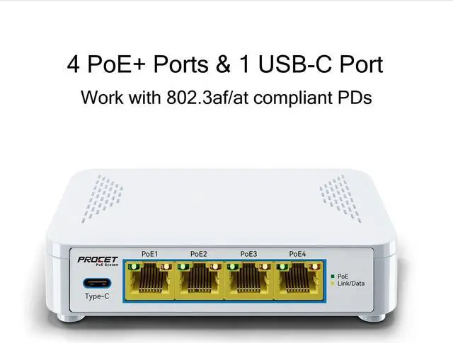 Alt view image 3 of 5 - Gigabit 5 Port PoE Switch with 4 PoE+ Ports & 1 USB-C 5V2A Port, Small PoE Ethernet Switch 4 Port Output IEEE802.3af/at Compliant, Unmanaged Network Switch PoE Hub Plug and Play, EN-S4P1C