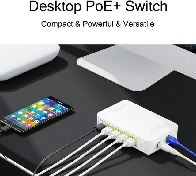 Alt view image 2 of 5 - Gigabit 5 Port PoE Switch with 4 PoE+ Ports & 1 USB-C 5V2A Port, Small PoE Ethernet Switch 4 Port Output IEEE802.3af/at Compliant, Unmanaged Network Switch PoE Hub Plug and Play, EN-S4P1C