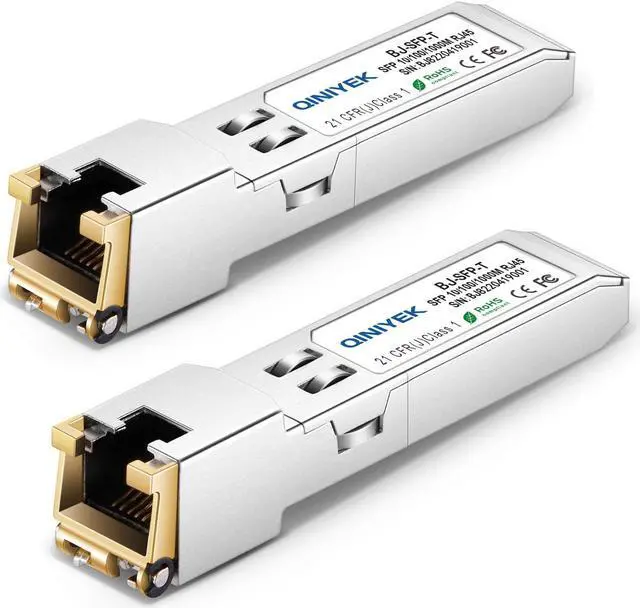 Main image of QINIYEK 2Pack 10/100/1000BASE-T RJ45 Copper SFP Ethernet Module, Gigabit SFP to RJ45 Mini-GBIC Transceiver for Cisco GLC-T/SFP-GE-T/GLC-TA, Mikrotik SRJ01, Netgear, Supermicro, up to 100m