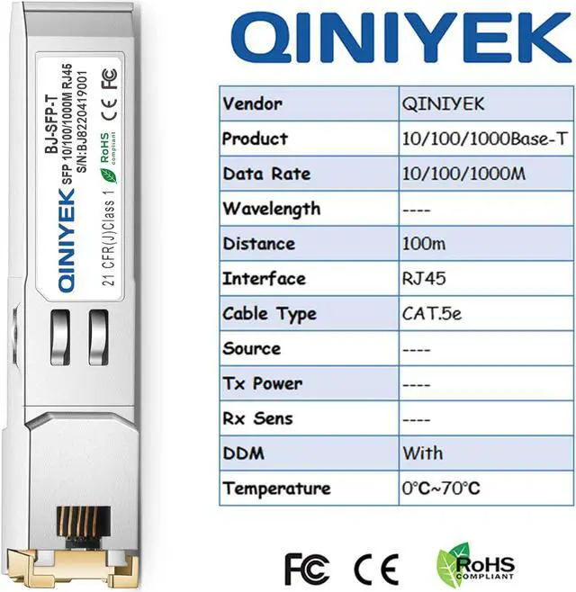 Alt view image 4 of 5 - QINIYEK 2Pack 10/100/1000BASE-T RJ45 Copper SFP Ethernet Module, Gigabit SFP to RJ45 Mini-GBIC Transceiver for Cisco GLC-T/SFP-GE-T/GLC-TA, Mikrotik SRJ01, Netgear, Supermicro, up to 100m