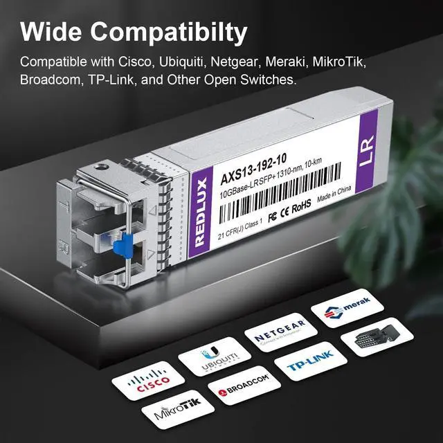 Alt view image 4 of 5 - Pack of 2, REDLUX 10G SFP+ Transceiver, 10G-LR SFP+ Module, 1310nm SMF, Dual LC connector, up to 10 KM, Compatible for Cisco SFP-10G-LR, Meraki, Ubiquiti UniFi UF-SM-10G, TP-LINK, Netgear and More