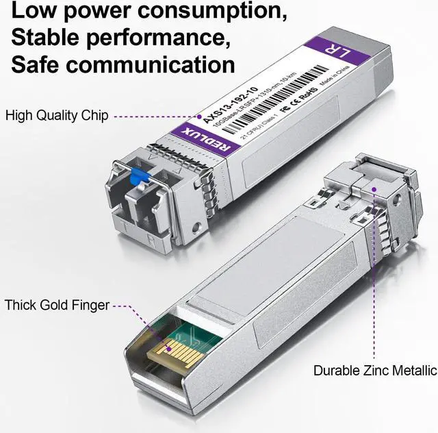 Alt view image 3 of 5 - Pack of 2, REDLUX 10G SFP+ Transceiver, 10G-LR SFP+ Module, 1310nm SMF, Dual LC connector, up to 10 KM, Compatible for Cisco SFP-10G-LR, Meraki, Ubiquiti UniFi UF-SM-10G, TP-LINK, Netgear and More