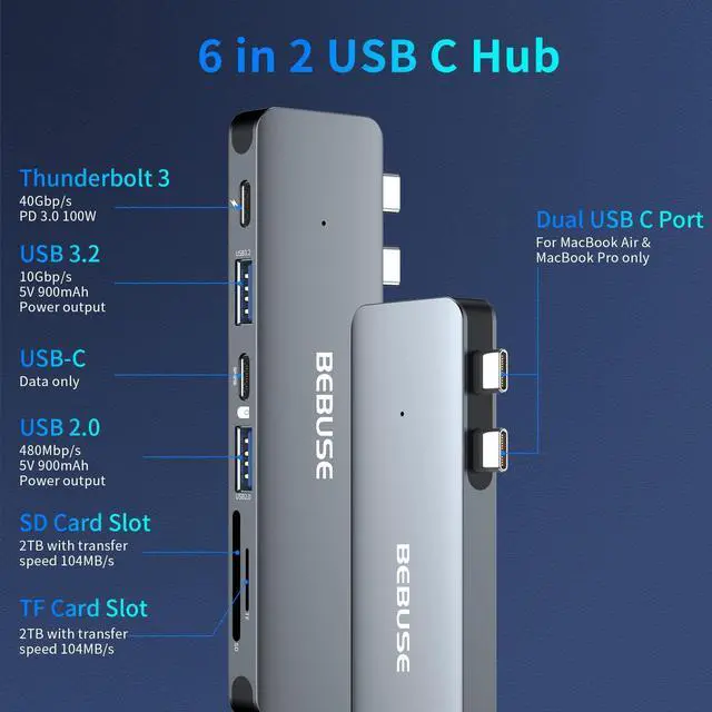 Alt view image 3 of 5 - USB C Hub Adapter for MacBook Pro/Air 2021-2018, 6 in 2 USB-C Accessories Compatible with MacBook Pro 13" 15" 16" with 1 USB 3.2 Ports, 100W Thunderbolt 3 USB C to SD/TF Card Reader and USB2.0Port