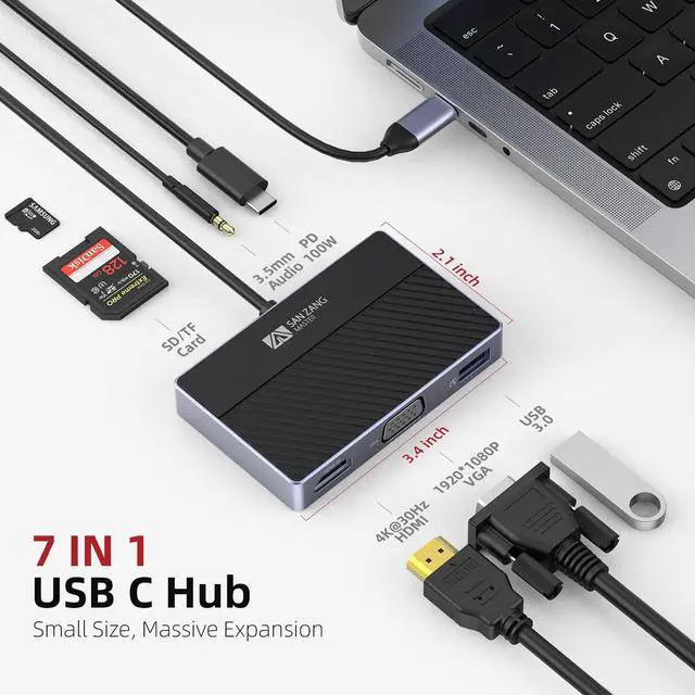 Alt view image 2 of 5 - USB C Docking Station,[100W Blast Fast Charge] Multi USB C Hub 7 in 1,4K HDMI VGA USB 3.0 5Gbps Data Ports SD/TF Card Reader 3.5mm Audio/Mic,Compatible for MacBook, Chromebook, XPS, and USB C Laptop
