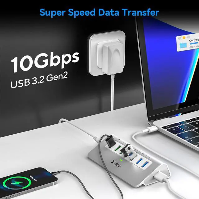 Alt view image 2 of 5 - Powered USB 3.2 Hub 10Gbps,7 Port USB Data Hub USB Splitter with 4 USB 3.2 Gen2 Data Ports,3 Fast Charging Ports,30W Power Adapter,Type A & C Cable, Aluminum Powered USB C Hub for Computer,PC,Laptop