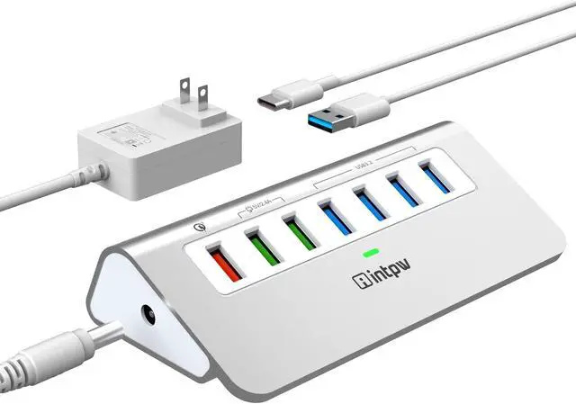 Main image of Powered USB 3.2 Hub 10Gbps,7 Port USB Data Hub USB Splitter with 4 USB 3.2 Gen2 Data Ports,3 Fast Charging Ports,30W Power Adapter,Type A & C Cable, Aluminum Powered USB C Hub for Computer,PC,Laptop
