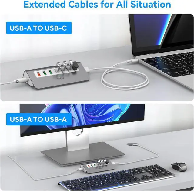 Alt view image 4 of 5 - Powered USB 3.2 Hub 10Gbps,7 Port USB Data Hub USB Splitter with 4 USB 3.2 Gen2 Data Ports,3 Fast Charging Ports,30W Power Adapter,Type A & C Cable, Aluminum Powered USB C Hub for Computer,PC,Laptop