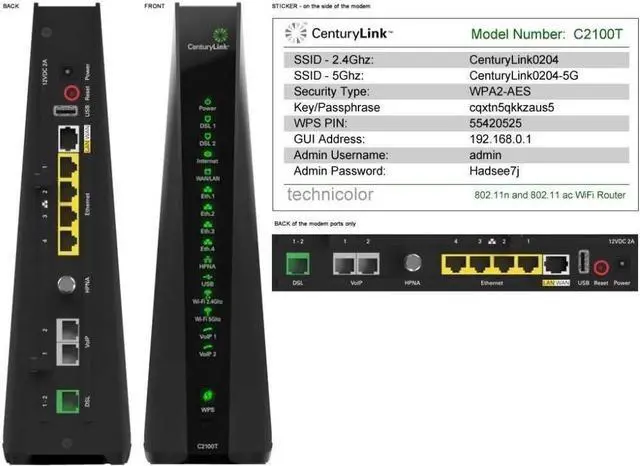 Alt view image 2 of 3 - CenturyLink Prism TV Technicolor C2100T 802.11AC Modem Router Gigabit DSL Fiber 2.4/5GHz