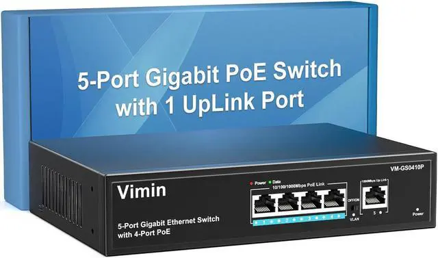 Main image of VIMIN 4 Port Gigabit PoE Switch with 1 Uplink Gigabit Ports, 5 Port Unmanaged Ethernet PoE Switch with 72W Power, Support IEEE802.3af/at, VLAN, Metal Housing, Desktop or Wall-Mount, Plug & Play