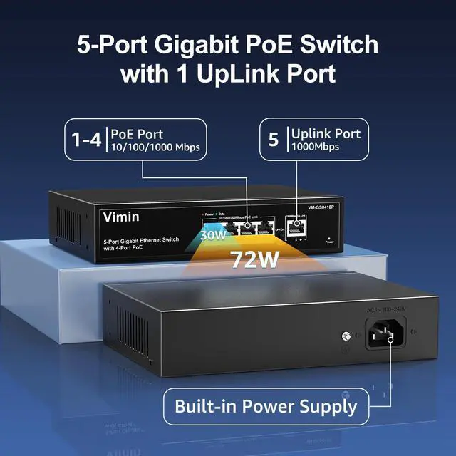 Alt view image 3 of 5 - VIMIN 4 Port Gigabit PoE Switch with 1 Uplink Gigabit Ports, 5 Port Unmanaged Ethernet PoE Switch with 72W Power, Support IEEE802.3af/at, VLAN, Metal Housing, Desktop or Wall-Mount, Plug & Play