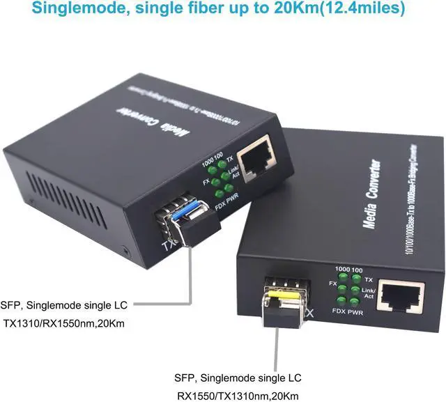 Alt view image 2 of 5 - Single Mode LC Gigabit Fiber Media Converters - Include 2 LC SFP Transceiver 20Km (12.4 Miles), Wavelength 1310nm/1550nm, LC to UTP Cat5e 10/100/1000 RJ-45 -Gigabit Ethernet Speed, A Pair