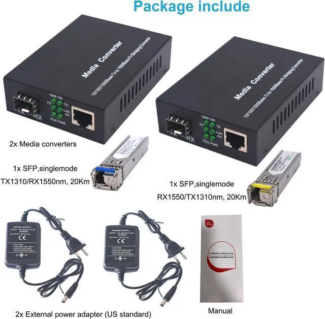 Alt view image 4 of 5 - Single Mode LC Gigabit Fiber Media Converters - Include 2 LC SFP Transceiver 20Km (12.4 Miles), Wavelength 1310nm/1550nm, LC to UTP Cat5e 10/100/1000 RJ-45 -Gigabit Ethernet Speed, A Pair
