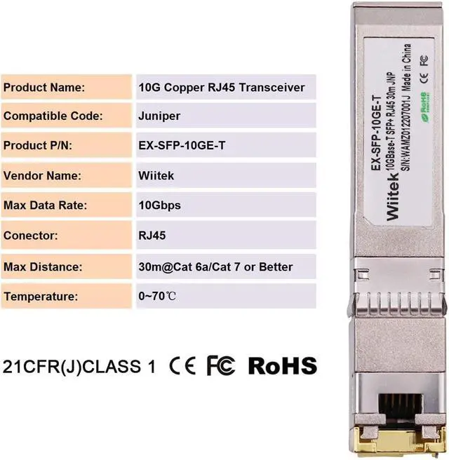 Alt view image 3 of 5 - Wiitek 10G SFP+ to RJ45 Copper Modules, 1.25G/2.5G/5G/10GBase-T Ethernet Copper to SFP+ Transceiver Compatible for Juniper EX-SFP-10GE-T(Cat 6a/7 or Better, 30-Meter)