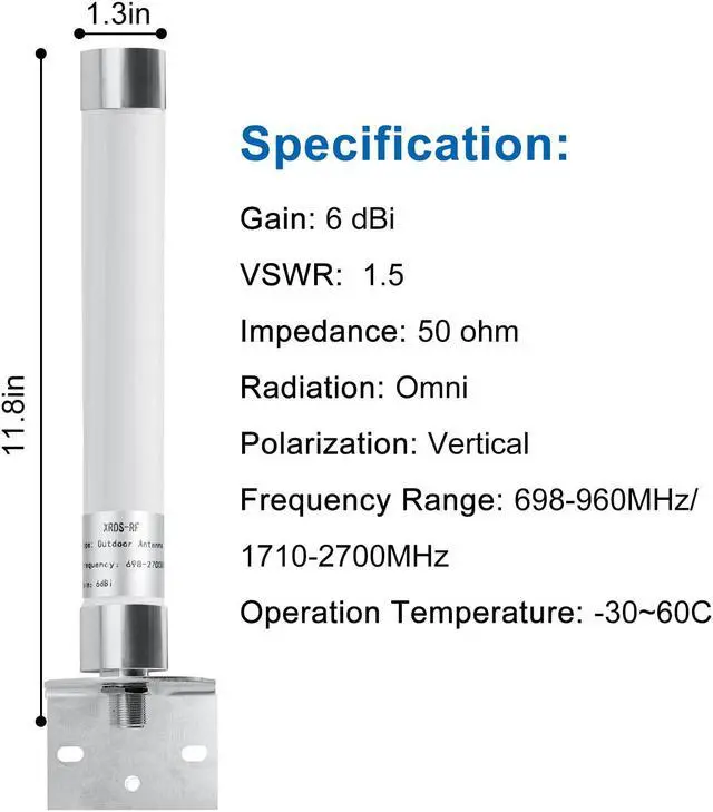Alt view image 3 of 5 - XRDS-RF 4G LTE Antenna 6dBi Omni-Directional Outdoor Fixed Mount Antenna with N Female Connector for Router, Modem, Radio, Signal Amplifier (698-2700MHz)