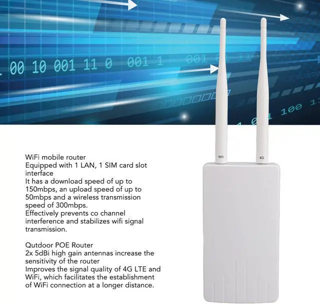 Alt view image 2 of 5 - Outdoor 4G LTE POE WiFi Router SIM Card Slot - Connects Up to 10 Devices, 300Mbps Unlocked Modem - European Compatible, 2 Antennas for Extended Range (US Plug)