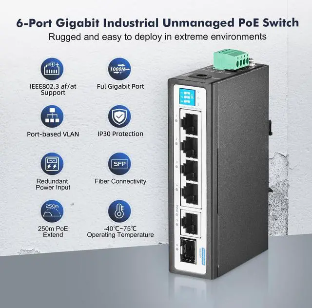 Alt view image 2 of 5 - YuLinca 6 Port Gigabit Industrial DIN-Rail PoE Switch, 4 x 100/1000Mbps PoE Ports,IEEE802.3af/at PoE+, 1 Gigabit Uplink, 1 Gigabit SFP, Metal DIN-Rail & Wall Mount Ethernet Switch