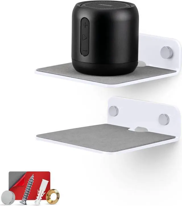 Main image of BRAINWAVZ 2-Pack 4 Small Floating Shelf Bluetooth Speaker Stand, Adhesive & Screw Wall Mount, Anti Slip, for Cameras, Baby Monitors, Webcam, Router & More, Universal Holder (SHELF11 White)