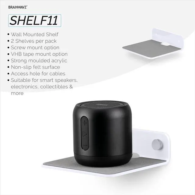 Alt view image 2 of 5 - BRAINWAVZ 2-Pack 4 Small Floating Shelf Bluetooth Speaker Stand, Adhesive & Screw Wall Mount, Anti Slip, for Cameras, Baby Monitors, Webcam, Router & More, Universal Holder (SHELF11 White)