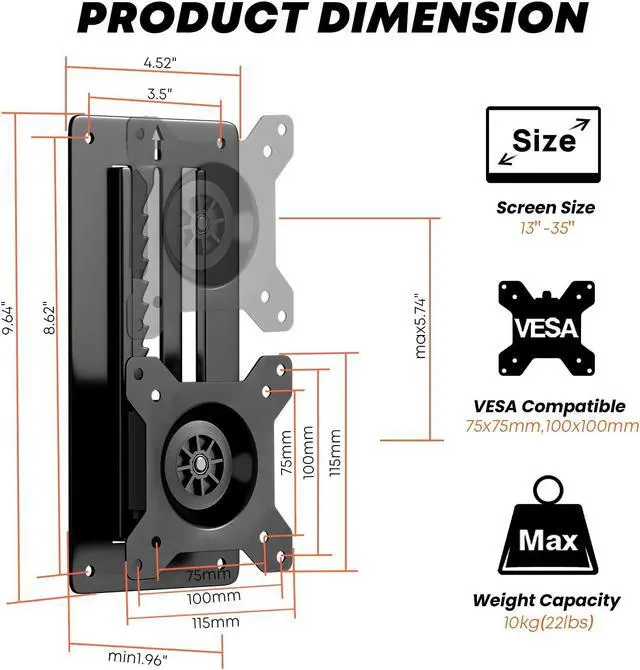 Alt view image 4 of 5 - PUTORSEN Premium Height Adjustable Monitor Wall Mount up to 35 inch Ultrawide Screens, Low Profile VESA Wall Mount Monitor Holds up to 22lbs, Full Motion Computer Monitor Mount Wall, VESA 75/100,Black