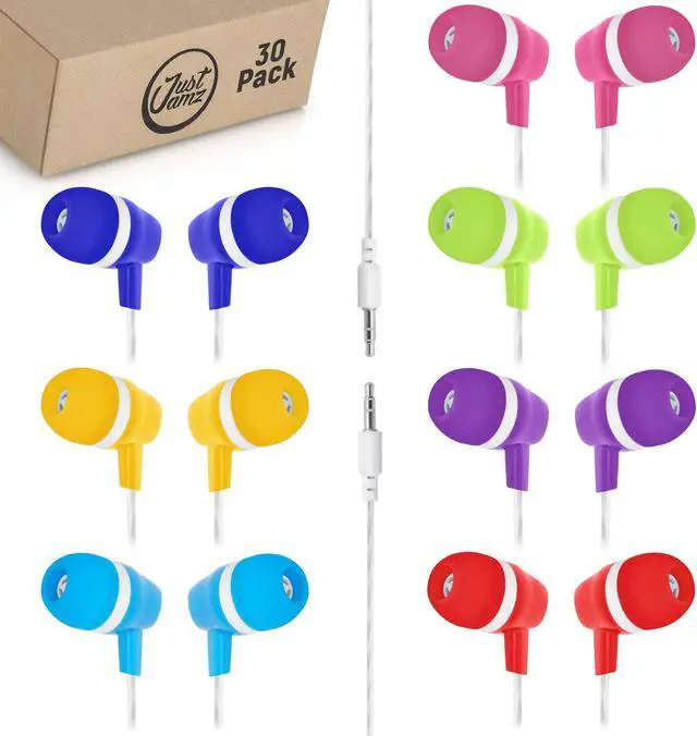 Main image of JustJamz Bulk Earbuds Bubbles 30 Pack of Colorful in-Ear Earbuds Mixed Colors Pack of Wired in-Ear Earphones Compatible with Smartphones for Schools, Kids, Classrooms & Libraries