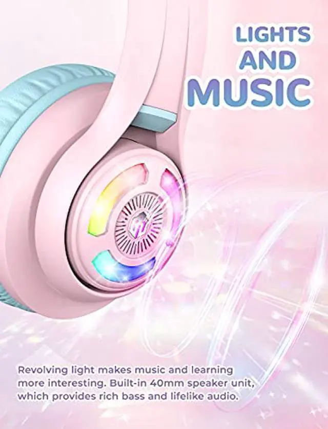 Alt view image 2 of 5 - iClever Cat Ear Kids Bluetooth Headphones, LED Lights Up, 74/85/94dB Volume Limited, 50H Playtime,Bluetooth 5.2, USB C, Kids Headphones Wireless for Travel iPad Tablet, Meow Macaron (Pink)