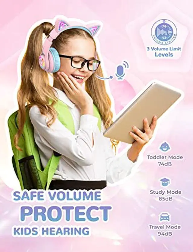 Alt view image 3 of 5 - iClever Cat Ear Kids Bluetooth Headphones, LED Lights Up, 74/85/94dB Volume Limited, 50H Playtime,Bluetooth 5.2, USB C, Kids Headphones Wireless for Travel iPad Tablet, Meow Macaron (Pink)