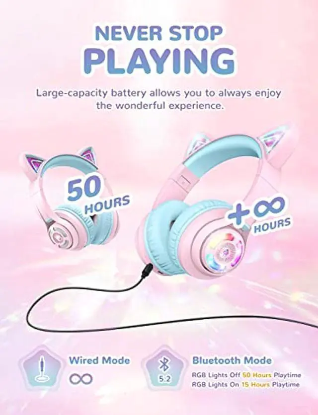 Alt view image 4 of 5 - iClever Cat Ear Kids Bluetooth Headphones, LED Lights Up, 74/85/94dB Volume Limited, 50H Playtime,Bluetooth 5.2, USB C, Kids Headphones Wireless for Travel iPad Tablet, Meow Macaron (Pink)