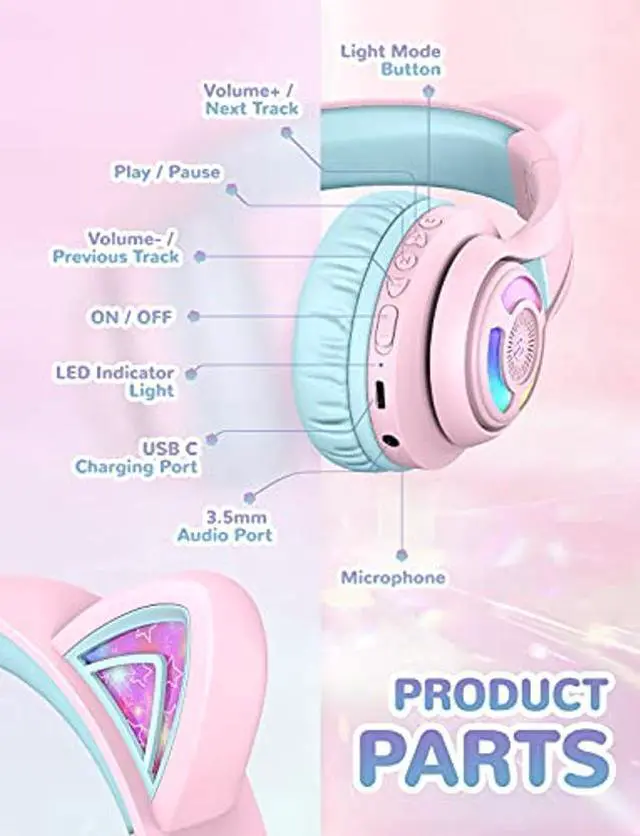 Alt view image 5 of 5 - iClever Cat Ear Kids Bluetooth Headphones, LED Lights Up, 74/85/94dB Volume Limited, 50H Playtime,Bluetooth 5.2, USB C, Kids Headphones Wireless for Travel iPad Tablet, Meow Macaron (Pink)