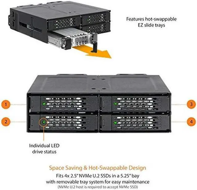 Alt view image 2 of 5 - ICY DOCK 4 Bay 2.5 NVMe U.2/U.3 SSD PCIe 4.0 Rugged Mobile Rack Enclosure for 5.25" Bay (4 x Mini-SAS HD) | ToughArmor MB699VP-B