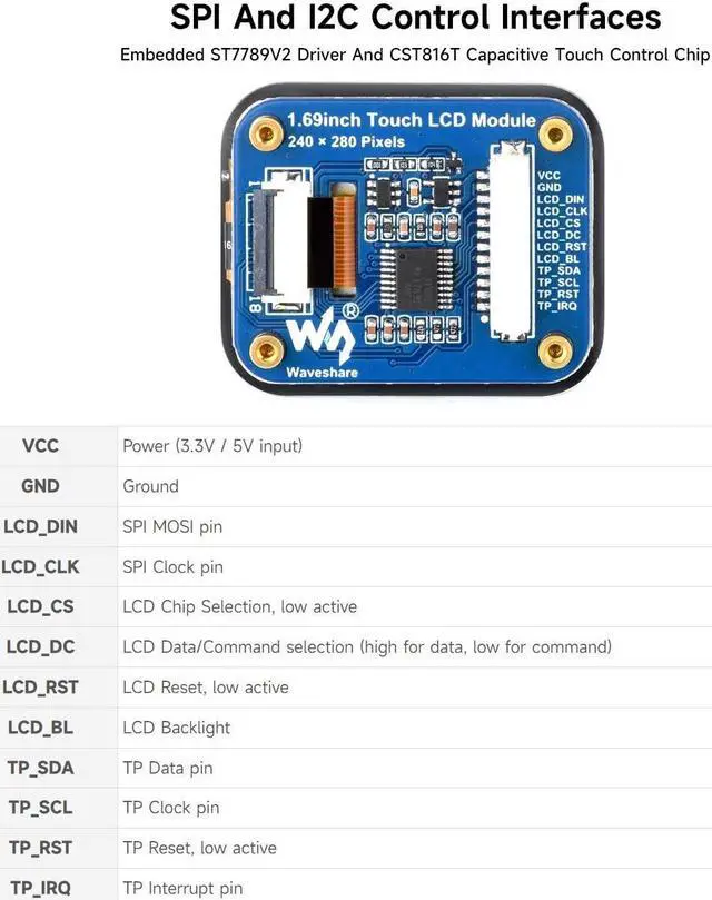 Alt view image 5 of 5 - Waveshare 1.69inch Round LCD, Compatible with Raspberry Pi 5, Display Module with Touch Panel, Micro LCD Display, 240×280 Resolution, IPS, SPI and I2C Communication, 262K Display Color